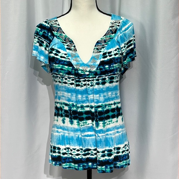 AB Studio Blue, Aqua, Green, Black and White Flutter Sleeve Top - size Small - Picture 1 of 11